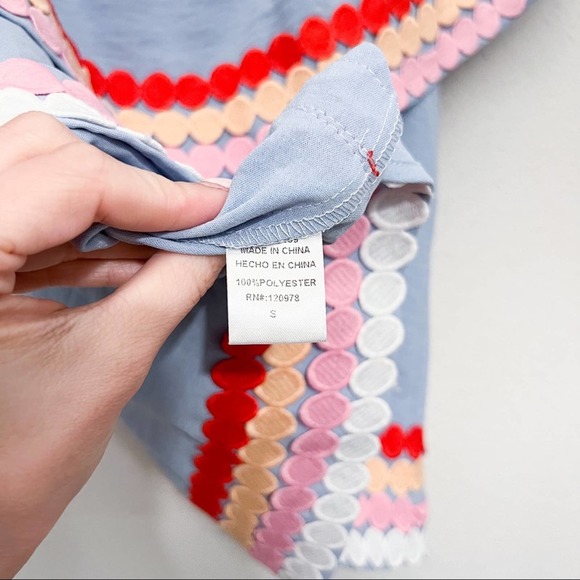 Entro Light Blue Polka Dot Trim Off Shoulder Tiered Blouse Top Size Small - Picture 8 of 9